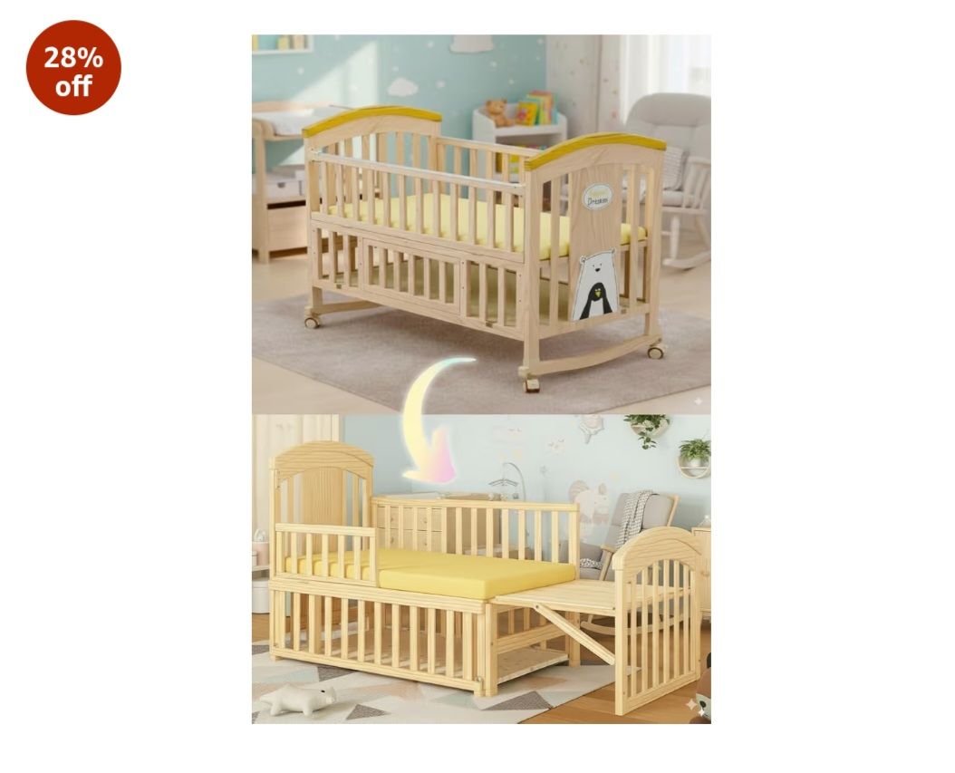 Huny Huny Plus Strong- Pinewood Baby Bed Crib With Mosquito Net & Adjustable Stand