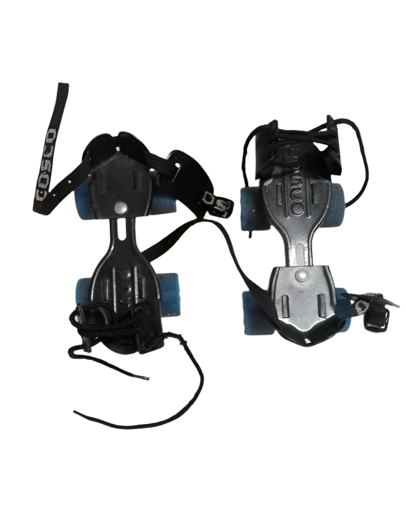 Two pairs of roller skates with metal blades on a white background
