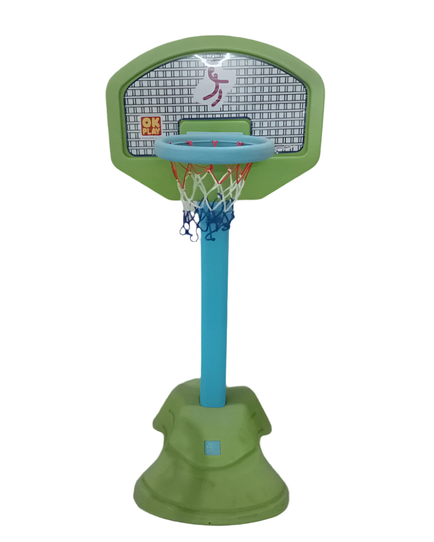 Children's basketball hoop with green backboard and stand on a gray floor.