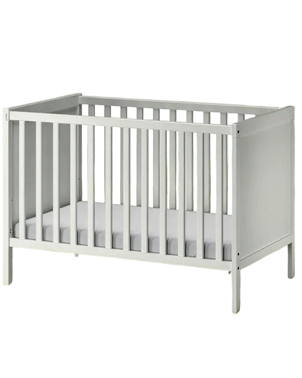 IKEA Height adjustable Baby Crib with mattress, mattress protector and fitted bedsheet
