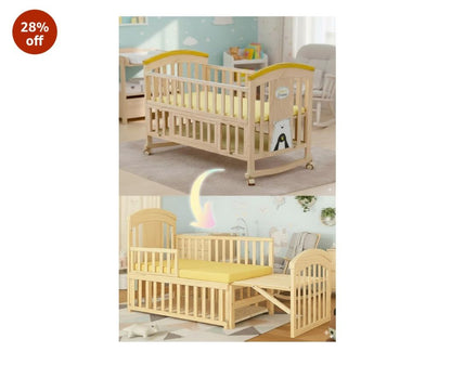 Huny Huny Plus Strong- Pinewood Baby Bed Crib With Mosquito Net & Adjustable Stand
