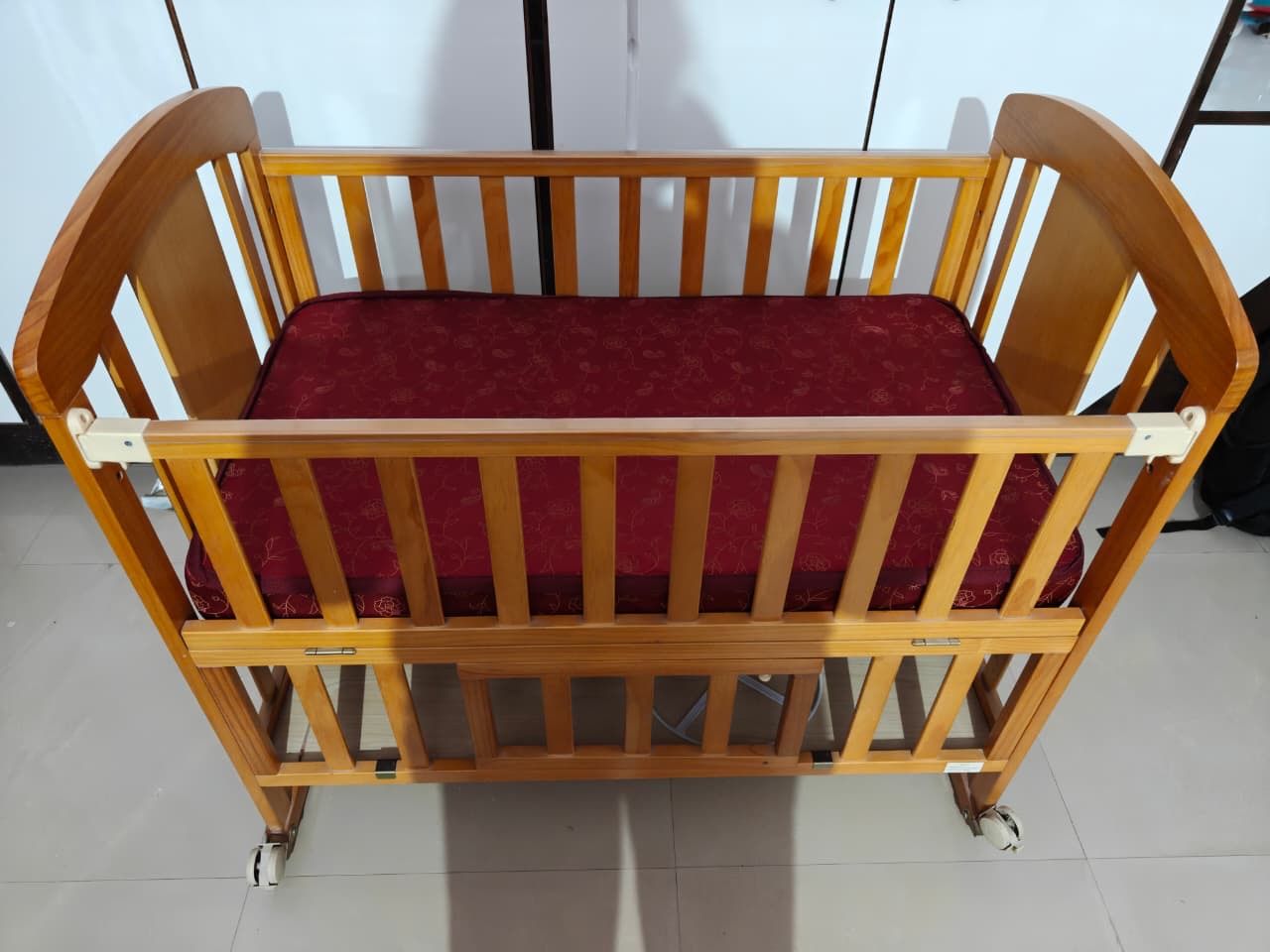 Babyhug Florence Wooden Cot Cum Rocker With Storage Space - Natural Finish & Babyhug Mattress - Maroon