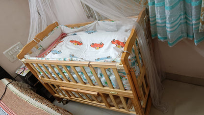 Babyhug Montana wooden cot cum rocker with mosquito net