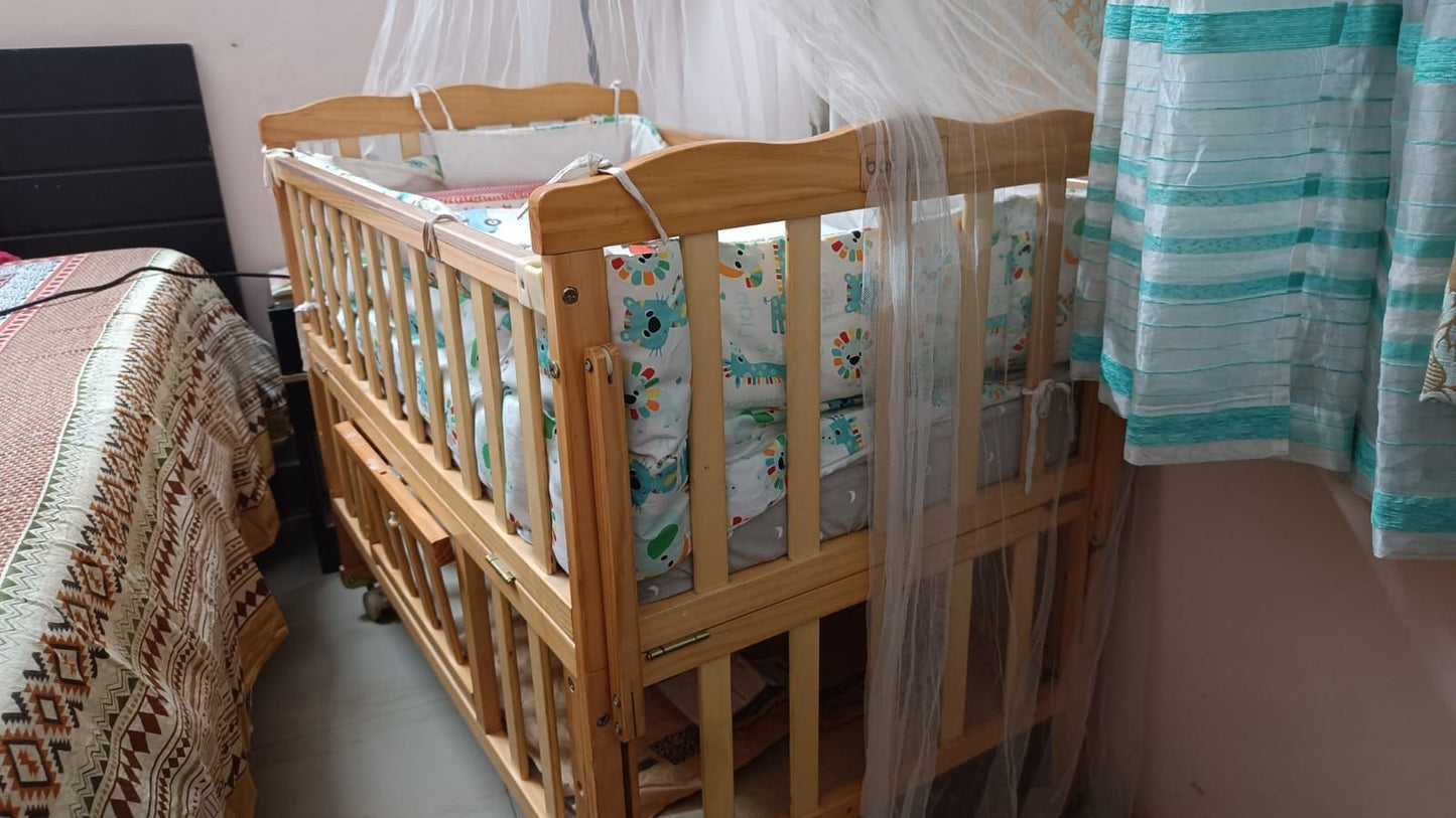 Babyhug Montana wooden cot cum rocker with mosquito net