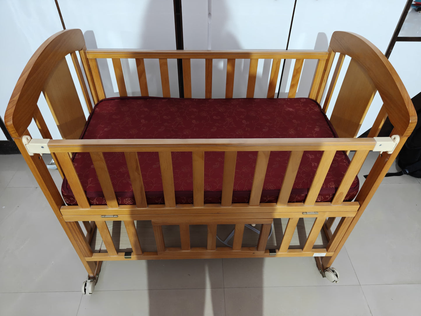 Babyhug Florence Wooden Cot Cum Rocker With Storage Space - Natural Finish & Babyhug Mattress - Maroon