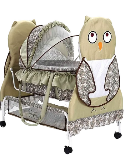 Babyhug Owl Print Cradle with Mosquito Net and Swing Lock function