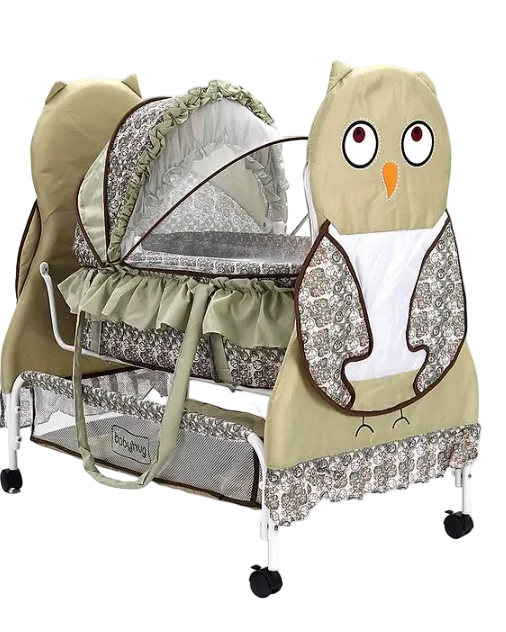 Babyhug Owl Print Cradle with Mosquito Net and Swing Lock function