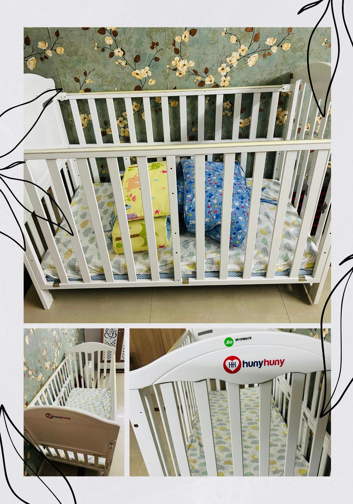 Huny Huny Wooden Crib with mattress and bumpers