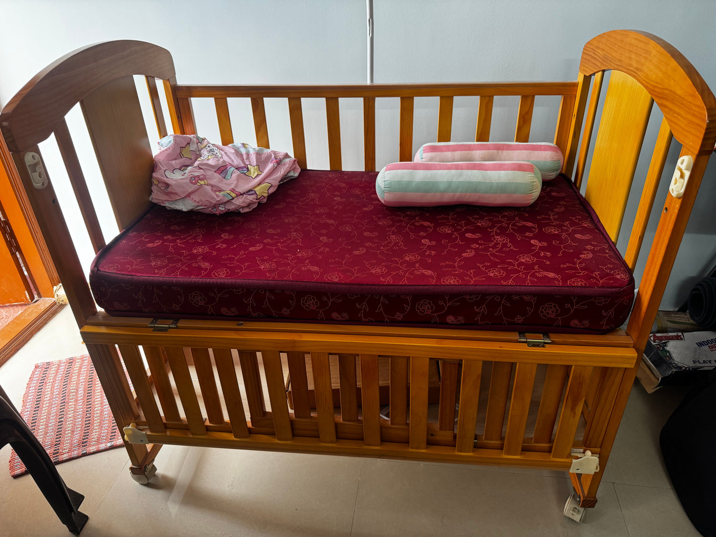 Babyhug Florence Wooden Cot Cum Rocker With Storage Space - Natural Finish & Babyhug Mattress - Maroon