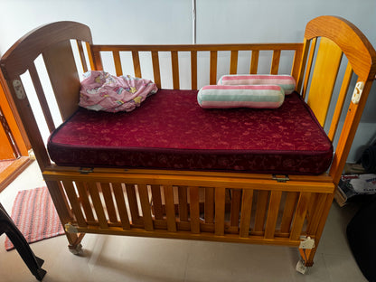 Babyhug Florence Wooden Cot Cum Rocker With Storage Space - Natural Finish & Babyhug Mattress - Maroon