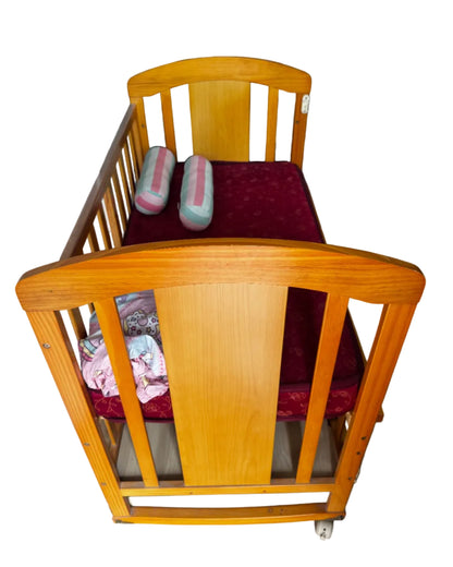 Babyhug Florence Wooden Cot Cum Rocker With Storage Space - Natural Finish & Babyhug Mattress - Maroon