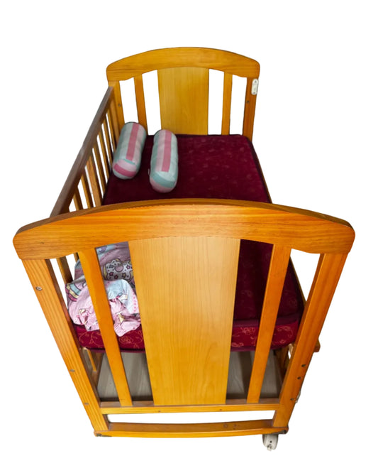 Babyhug Florence Wooden Cot Cum Rocker With Storage Space - Natural Finish & Babyhug Mattress - Maroon