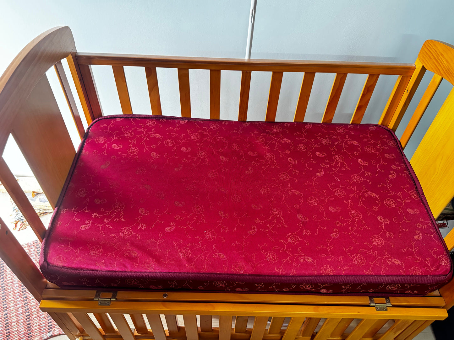 Babyhug Florence Wooden Cot Cum Rocker With Storage Space - Natural Finish & Babyhug Mattress - Maroon