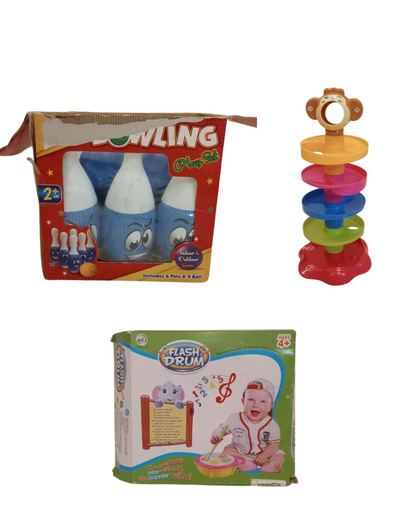 3-in-1 Toy Combo: Bowling Set + Ball Drop + Musical Drum