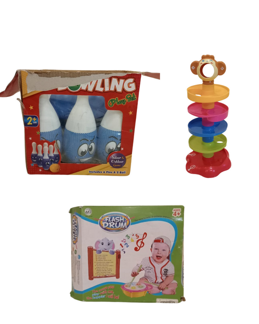 3-in-1 Toy Combo: Bowling Set + Ball Drop + Musical Drum