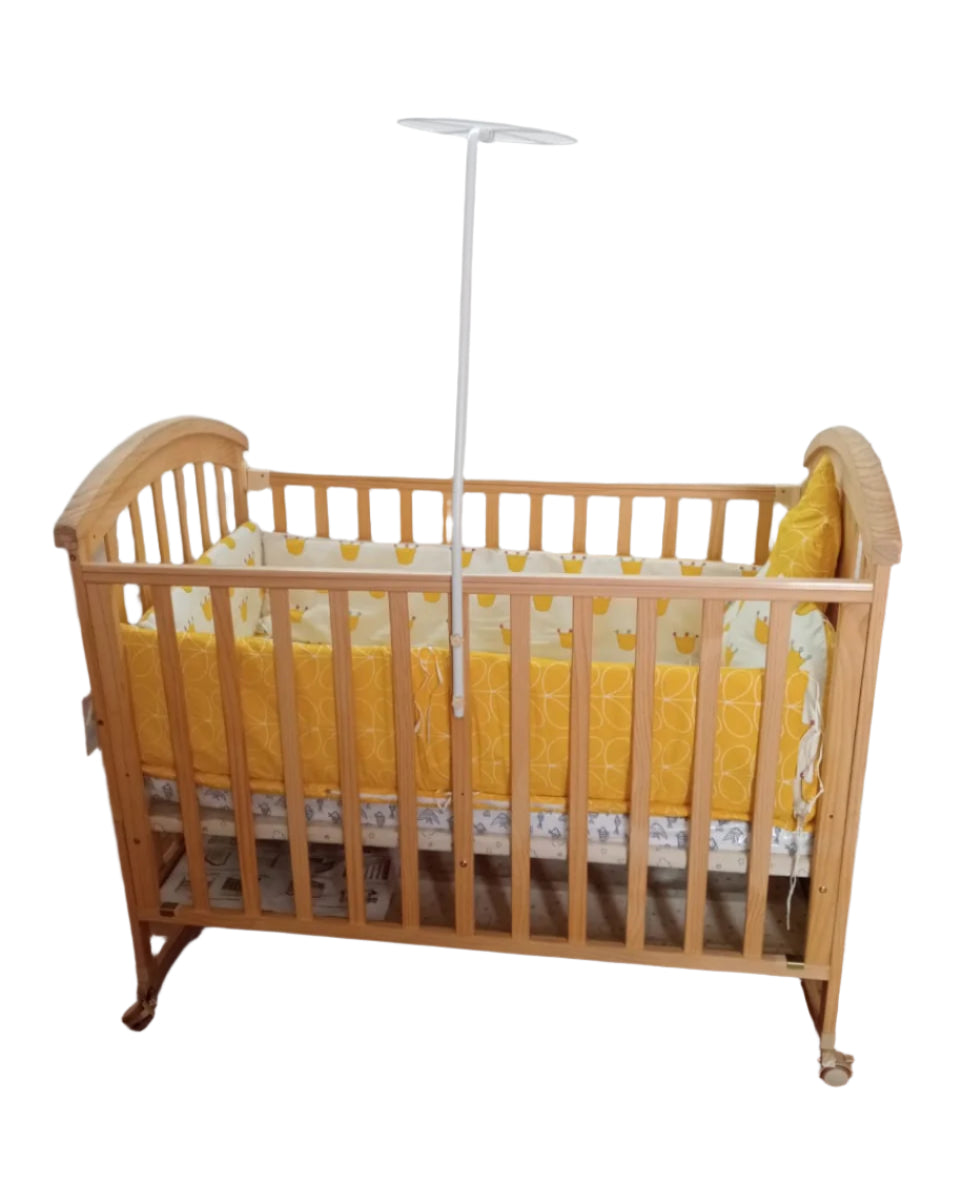Huny Huny Plus Strong- Pinewood Baby Bed Crib With Mosquito Net & Adjustable Stand