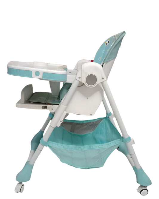 Turquoise and white baby high chair in a room with a yellow wall and floral-patterned chairs.