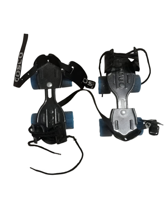 Two pairs of roller skates with metal blades on a white background