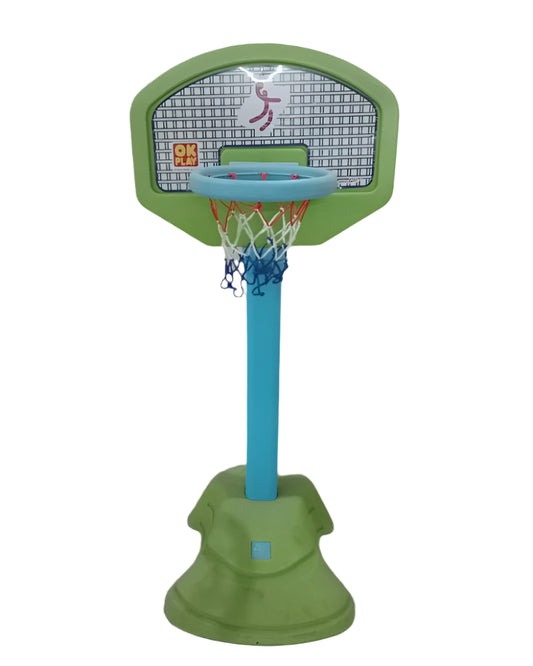 Children's basketball hoop with green backboard and stand on a gray floor.