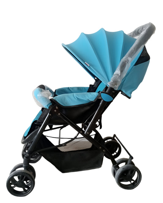 Blue and black stroller on a light-colored floor with a white wall background