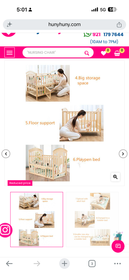 Hunyhuny Pinewood Crib With Mosquito Net