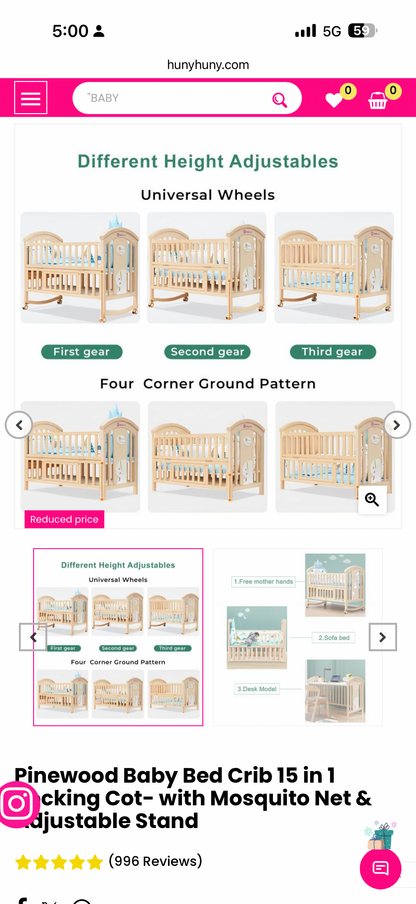 Hunyhuny Pinewood Crib With Mosquito Net