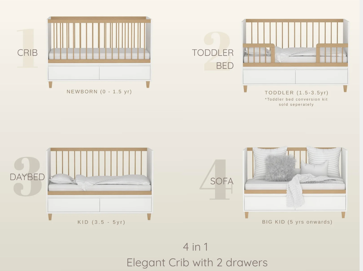 Littlebird India 4 in 1 Elegant Crib with Storage (Mattress included)