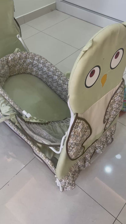 Babyhug Owl Print Cradle with Mosquito Net and Swing Lock function